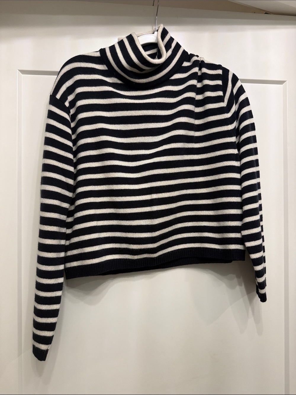Theory Black & White Striped Turtleneck Sweater
